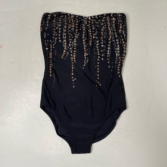 LADY Gottex Black Copper Silver Dot Splatter Pattern Bandeau Swimsuit Size 12 - Picture 11 of 11